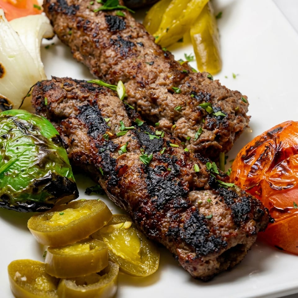 Grilled kebab patties garnished with herbs, served with charred onion, green pepper, tomato, and pickles on a white plate.