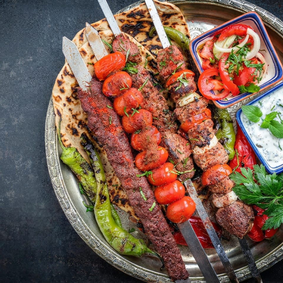 Overhead platter of Turkish grilled kebab skewers, tomatoes, peppers, flatbread, salad, and creamy herb yogurt sauce.