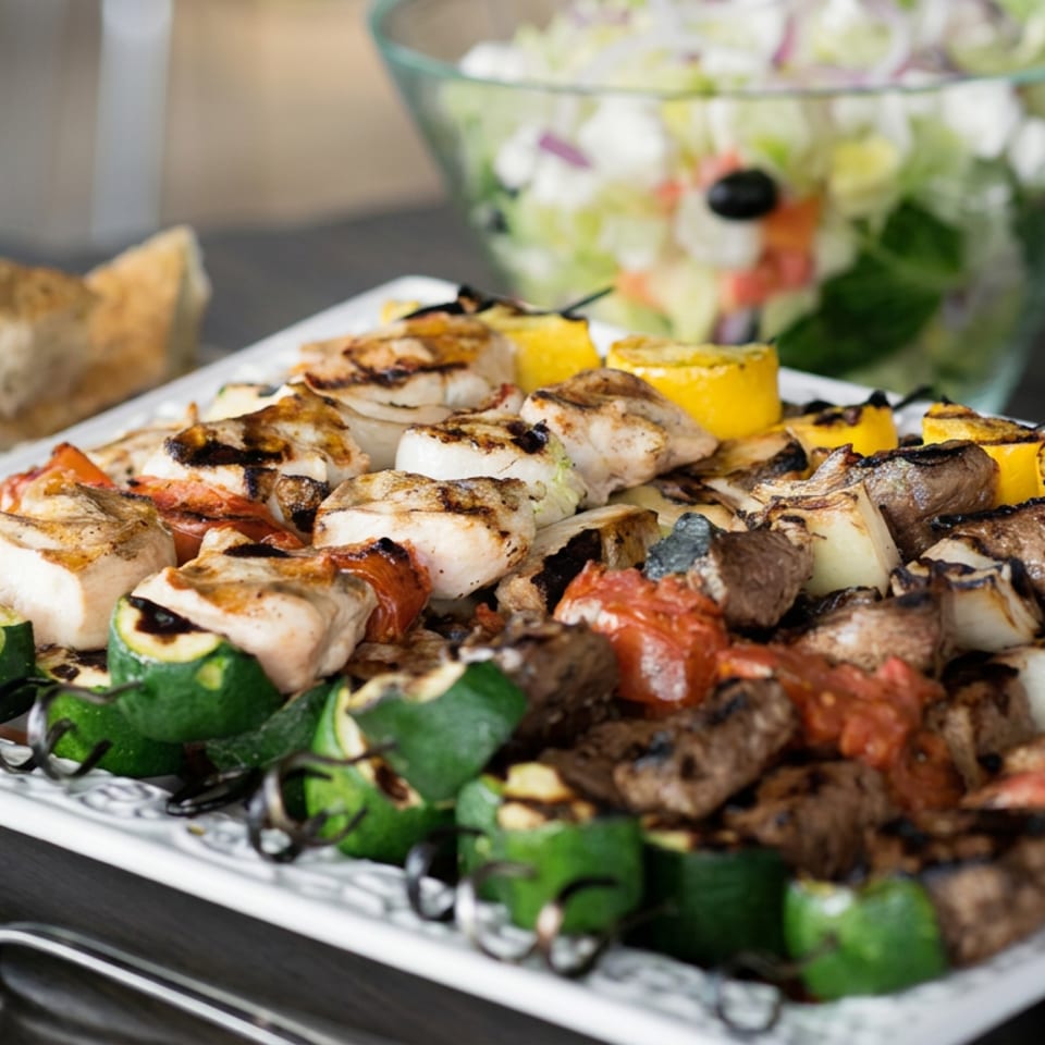 Grilled meat and vegetable skewers arranged on a platter with salad and bread in the background.