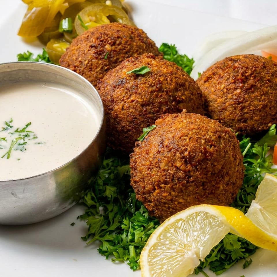 Crispy falafel balls served with tahini sauce, parsley, tomatoes, pickles, onions, and lemon wedges on a white plate.