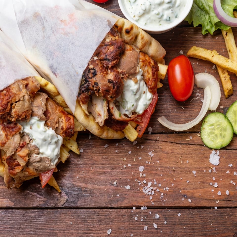 Greek gyros in pita with tzatziki, fries, grilled meat skewers, vegetables, and flatbread arranged on a rustic wooden table.