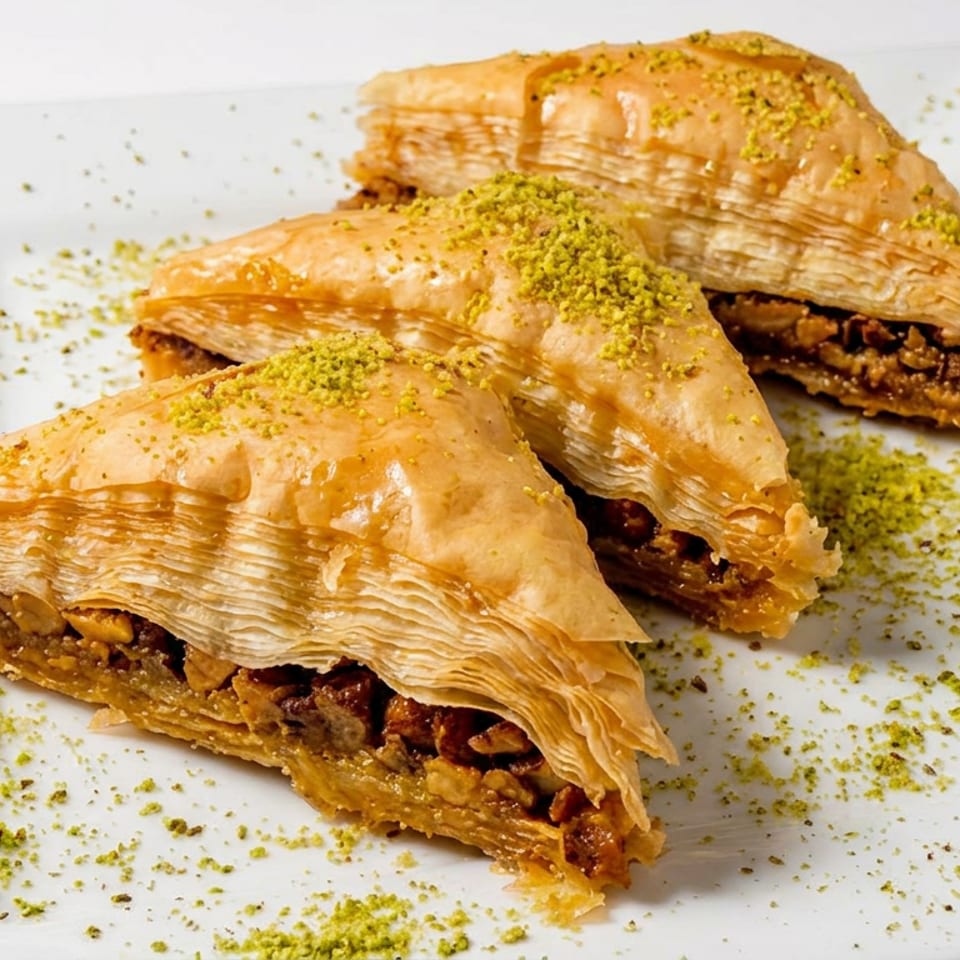 Three golden layered baklava pastries filled with chopped nuts and sprinkled with pistachios on a white plate.