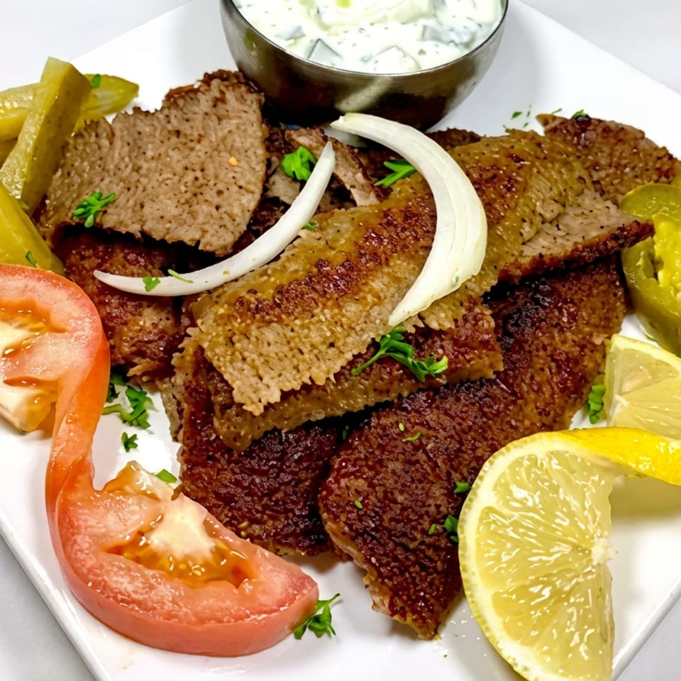 Plate of grilled kebab pieces with pickles, tomatoes, onion, lemon wedges, herbs, and creamy dipping sauce.
