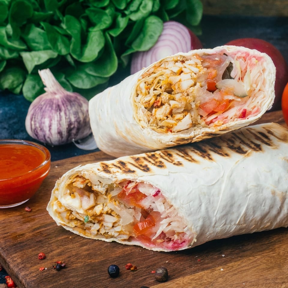 Two grilled chicken wraps filled with rice and vegetables sit on a wooden board with tomato sauce, garlic, and mayonnaise.