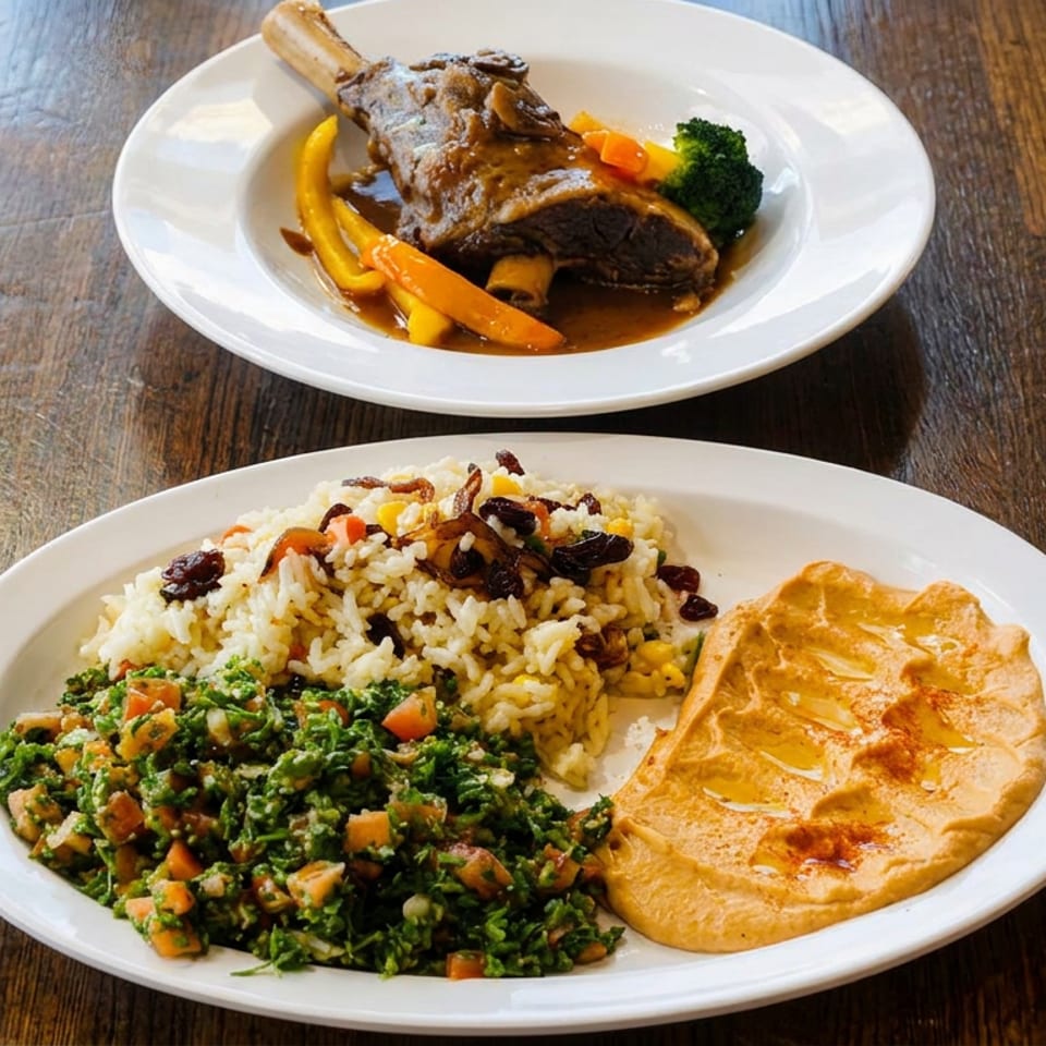 Two plated dishes on a wooden table: braised meat with vegetables and rice, greens, and creamy orange sauce.